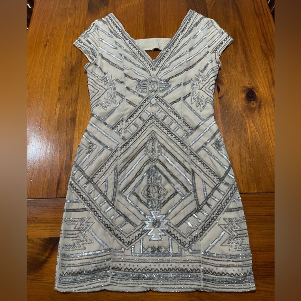 Parker Dress Silver Silk‎ Sequin Beaded Elijah Dress Cut Out Back Size Medium